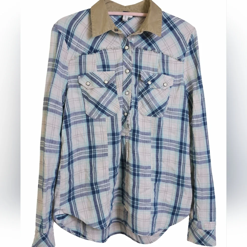 Free People We The Free Vintage Retro Y2K Plaid Fringe Shirt Top Sz Small